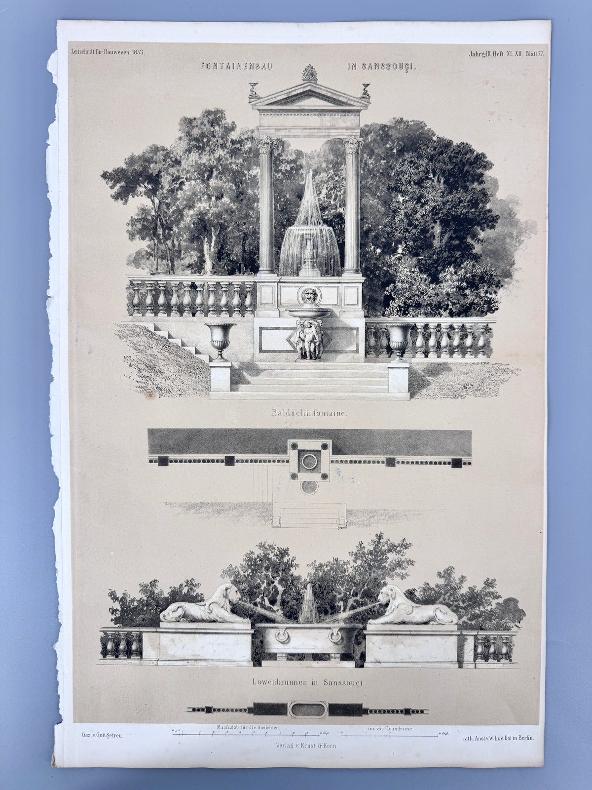 12x Original-Blätter aus der Zeitschrift für Bauwesen, 1853-69