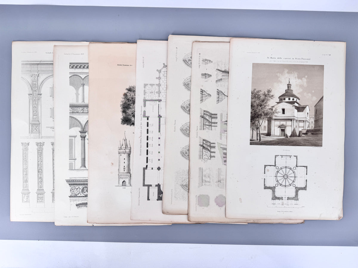 12x Original-Blätter aus der Zeitschrift für Bauwesen, 1853-69