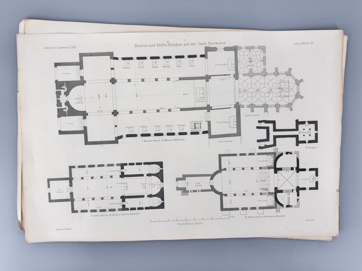 12x Original-Blätter aus der Zeitschrift für Bauwesen, 1853-69