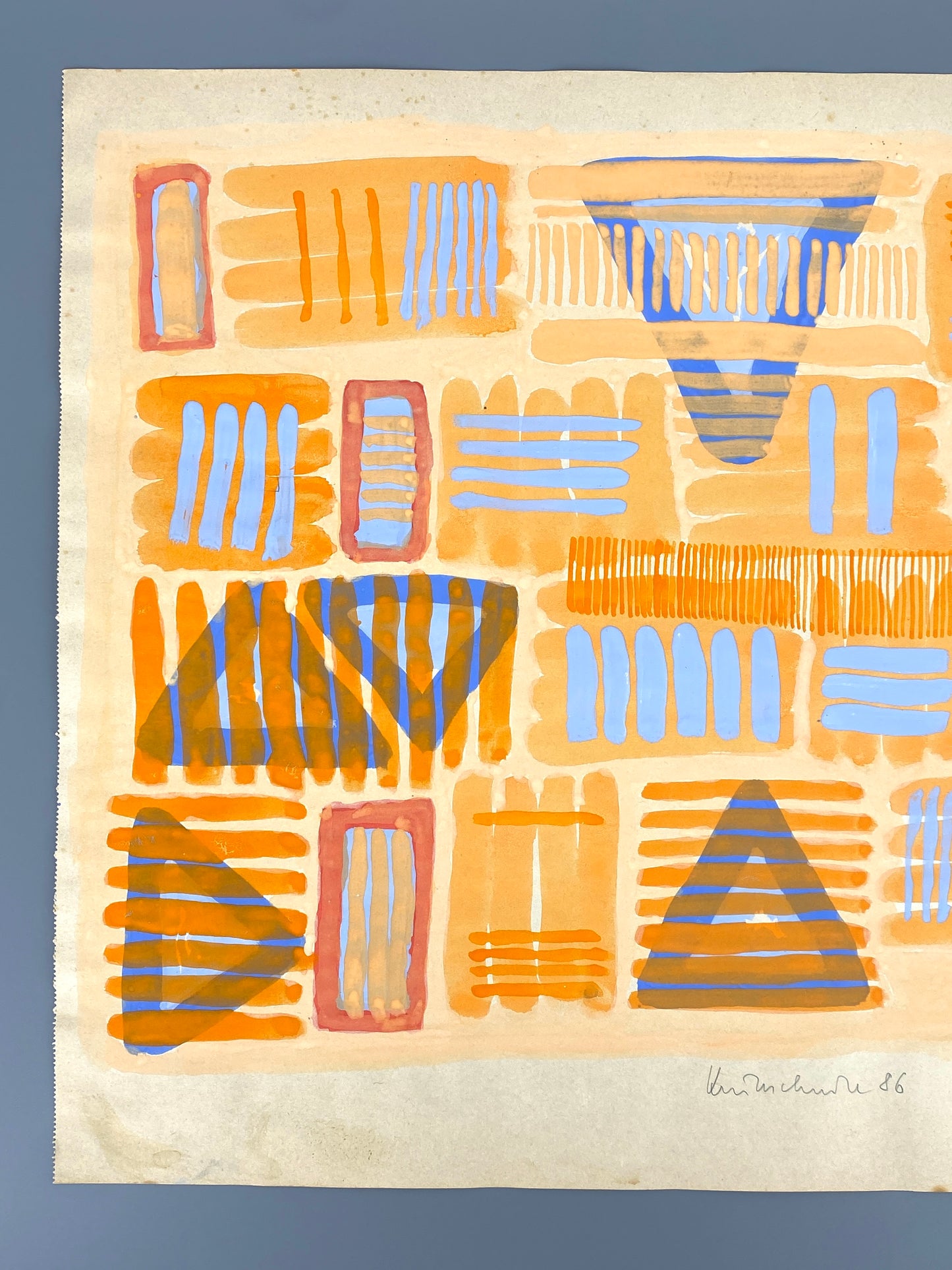 Dekoratives Gouachegemälde von Ernst Jörg Kruttschnitt, Bonn 1986, Unikat, signiert