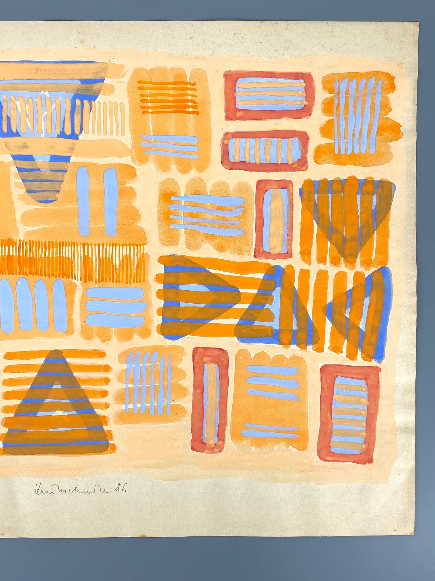 Dekoratives Gouachegemälde von Ernst Jörg Kruttschnitt, Bonn 1986, Unikat, signiert