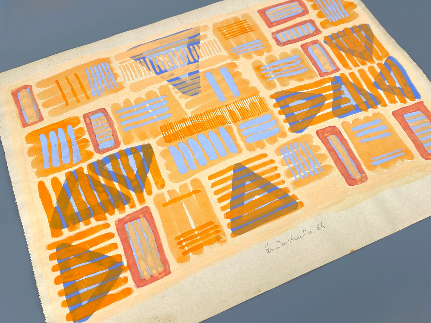 Dekoratives Gouachegemälde von Ernst Jörg Kruttschnitt, Bonn 1986, Unikat, signiert