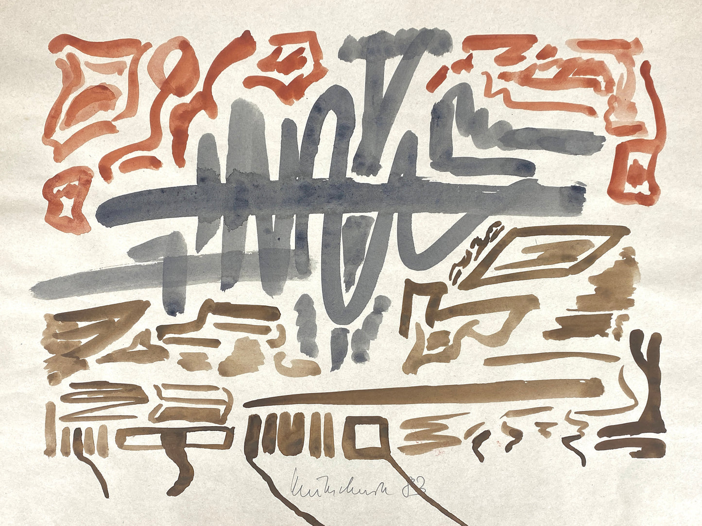 Dekoratives Gouachegemälde von Ernst Jörg Kruttschnitt, Bonn 1983, signiert