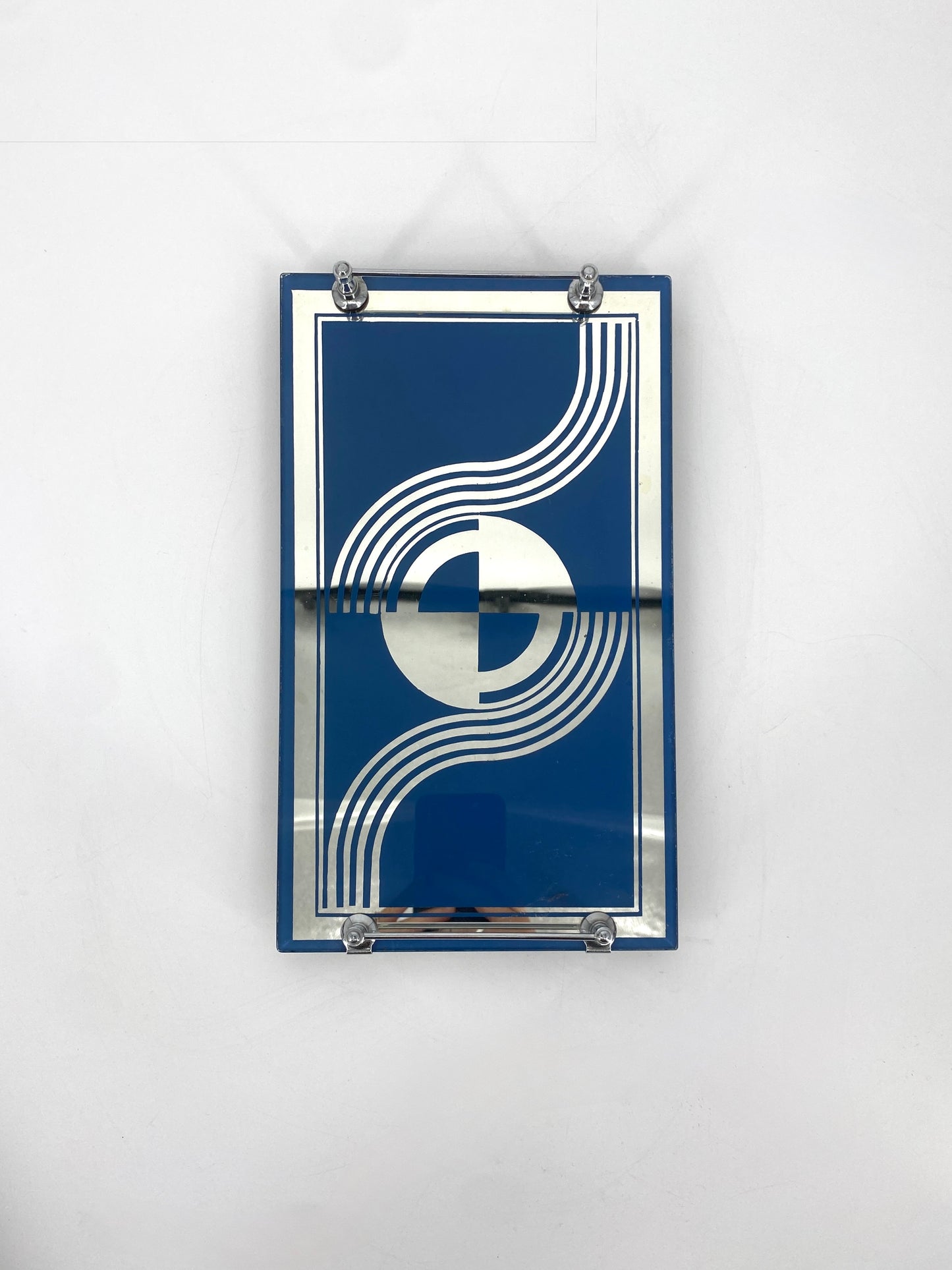 Art Deco Serviertablett mit blauem geometrischen Muster, verspiegeltes Glas, 30er