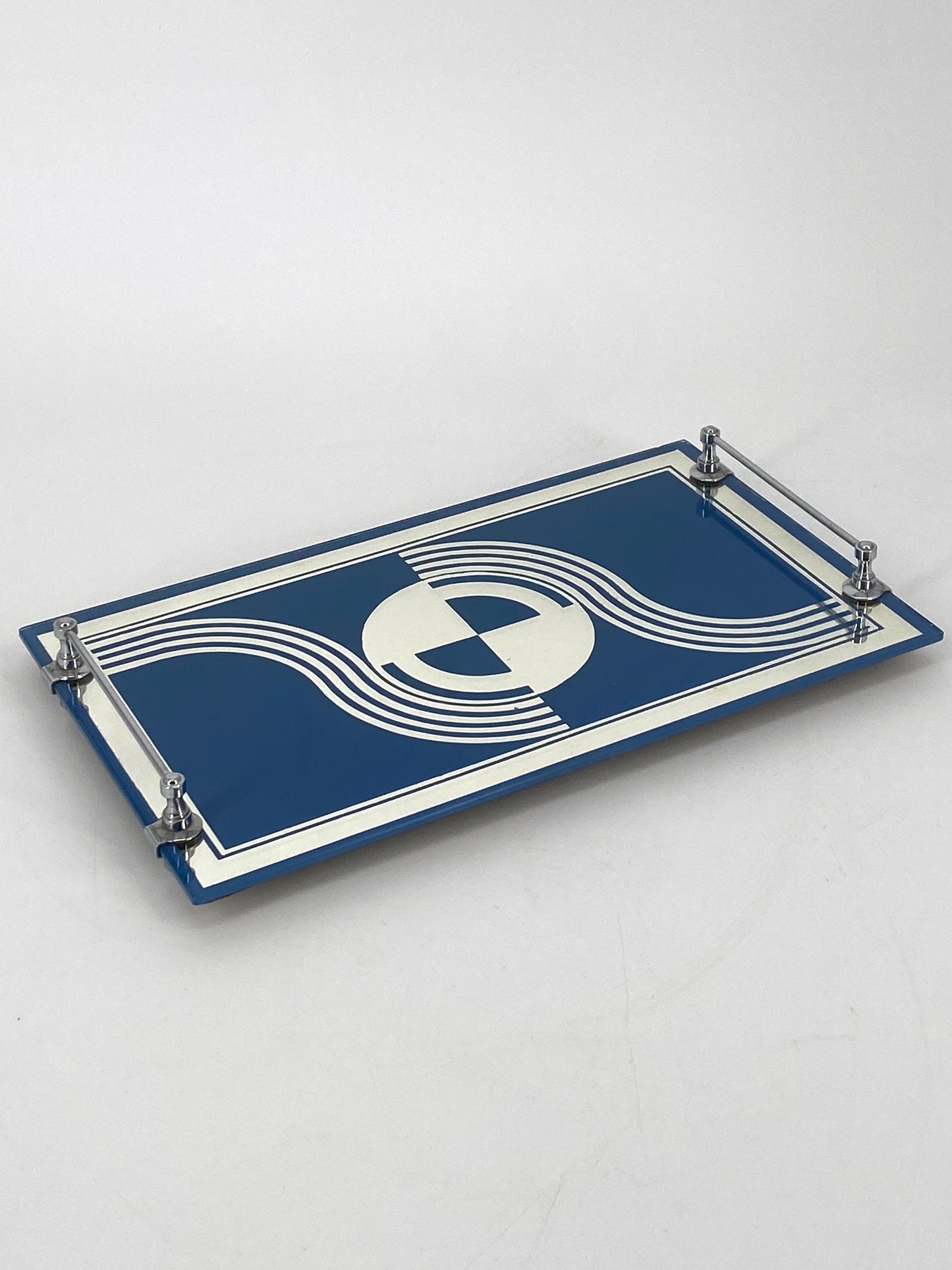 Art Deco Serviertablett mit blauem geometrischen Muster, verspiegeltes Glas, 30er
