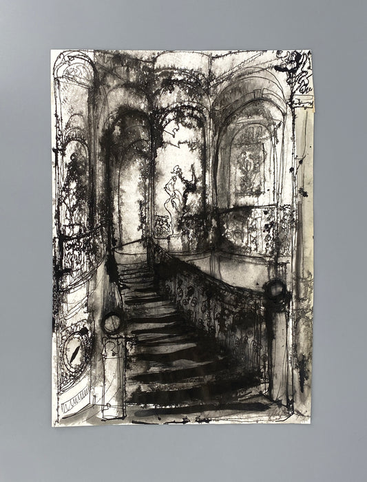 Monochromes Tuschgemälde "Rokoko Szene" von Charlotte Heister (1921–1998), 1978