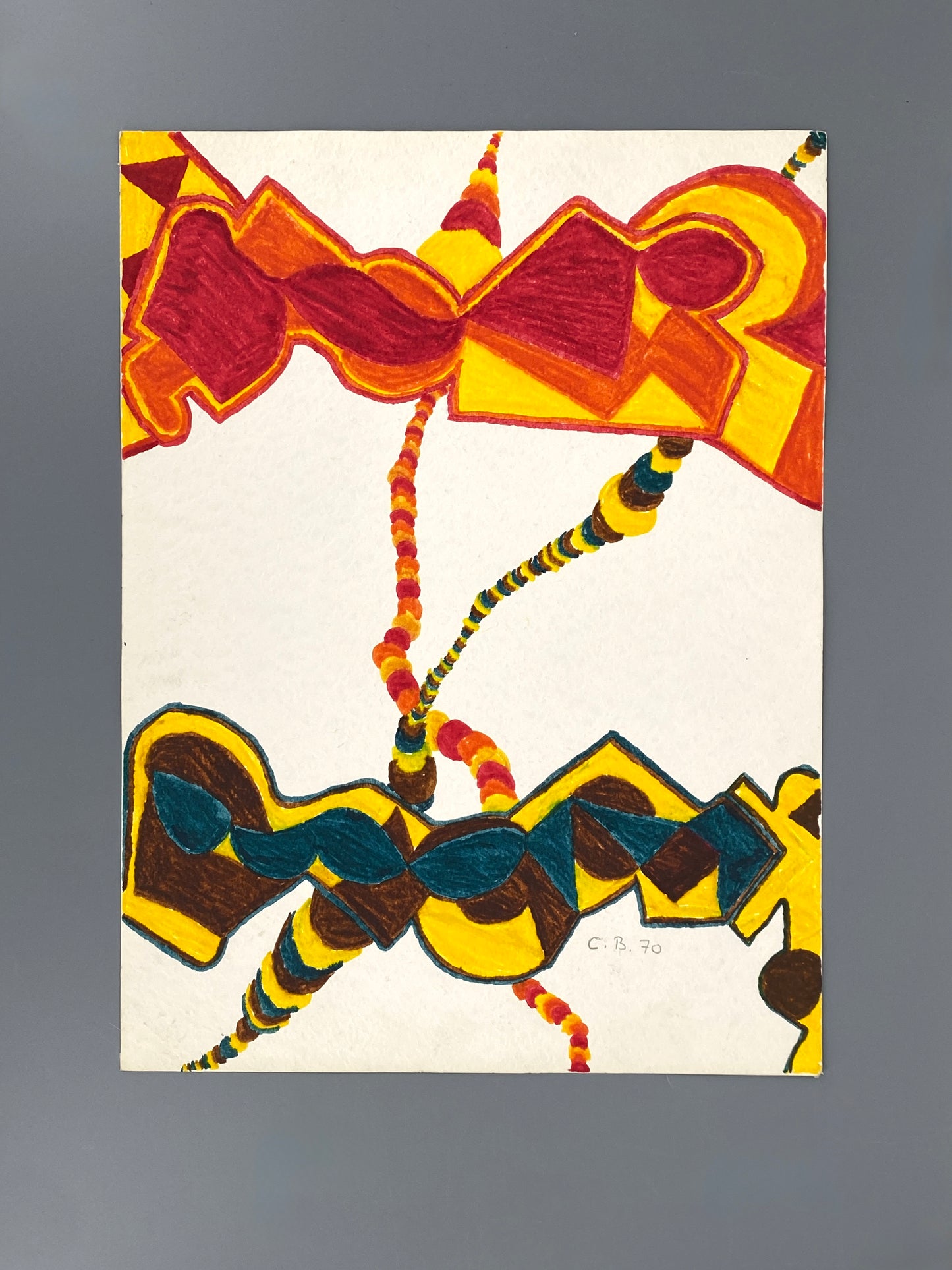 Filzstiftgemälde "Abstrakte Komposition" auf strukturiertem Büttenpapier von Claudia Butenuth (1945–2016), 1970