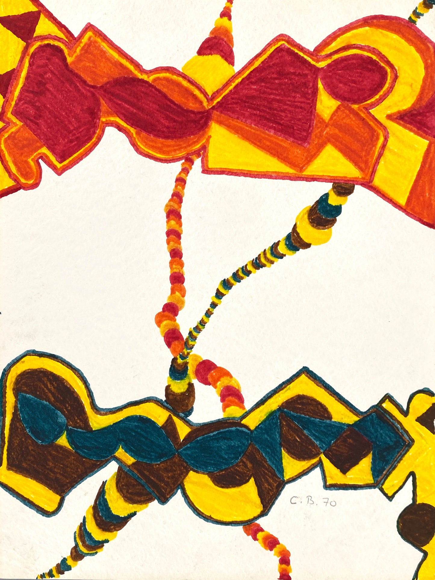 Filzstiftgemälde "Abstrakte Komposition" auf strukturiertem Büttenpapier von Claudia Butenuth (1945–2016), 1970