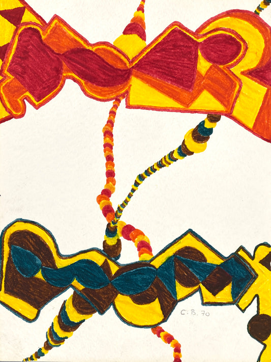 Filzstiftgemälde "Abstrakte Komposition" auf strukturiertem Büttenpapier von Claudia Butenuth (1945–2016), 1970