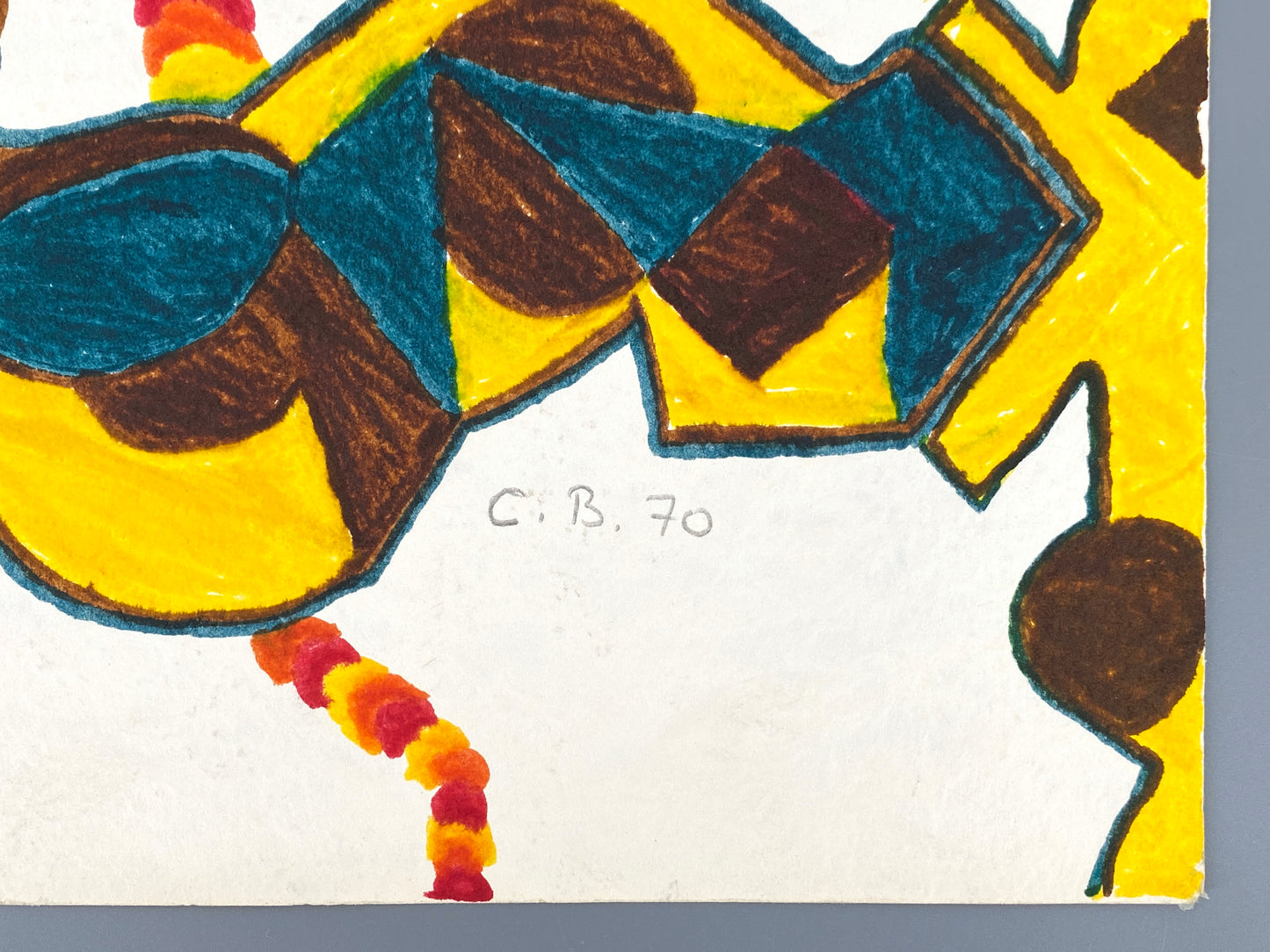 Filzstiftgemälde "Abstrakte Komposition" auf strukturiertem Büttenpapier von Claudia Butenuth (1945–2016), 1970