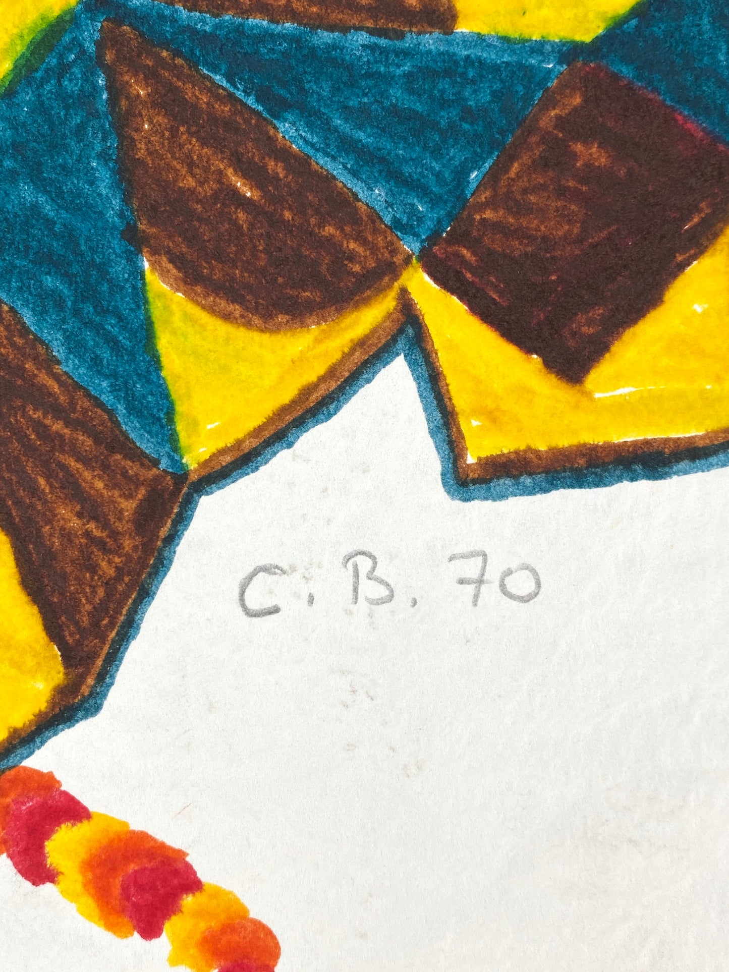 Filzstiftgemälde "Abstrakte Komposition" auf strukturiertem Büttenpapier von Claudia Butenuth (1945–2016), 1970