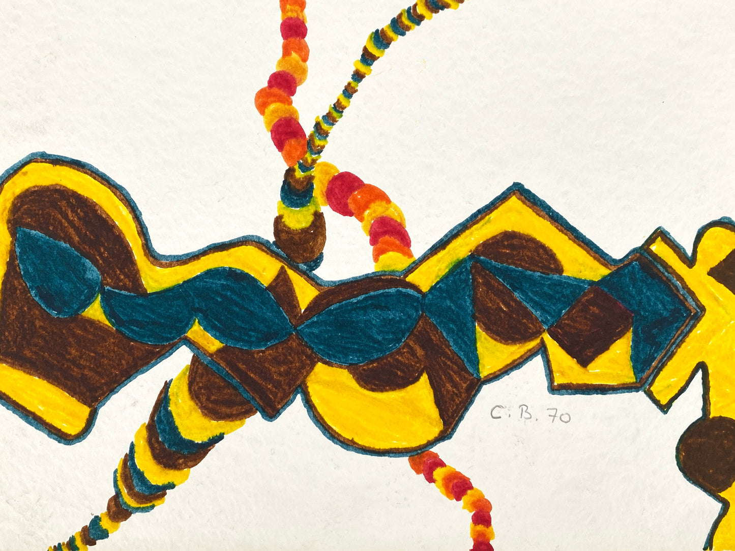 Filzstiftgemälde "Abstrakte Komposition" auf strukturiertem Büttenpapier von Claudia Butenuth (1945–2016), 1970