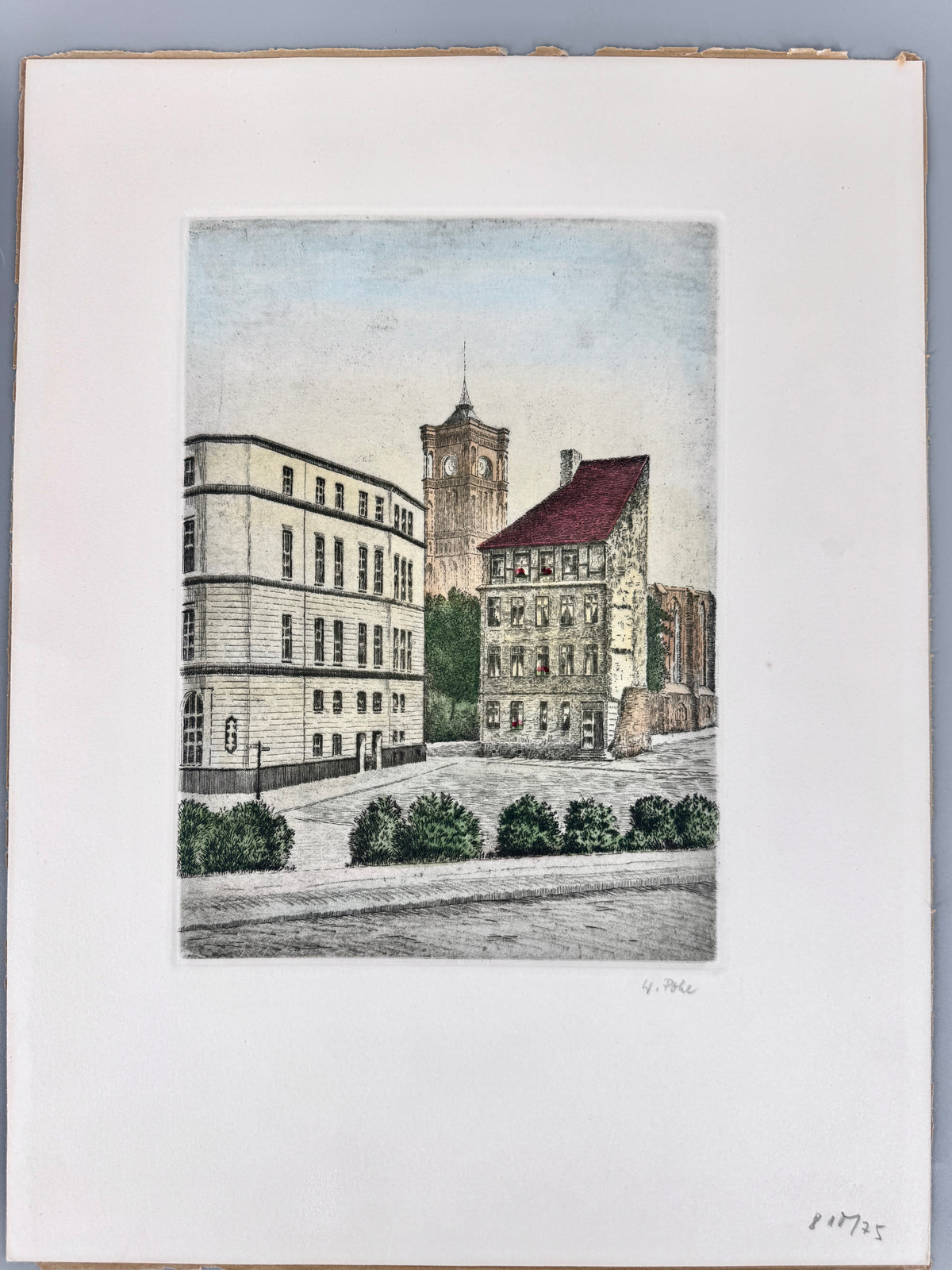 Radierung, Wolfgang Pohl. Berlin Rotes Rathaus, Franziskaner Klosterkirche und Neubau