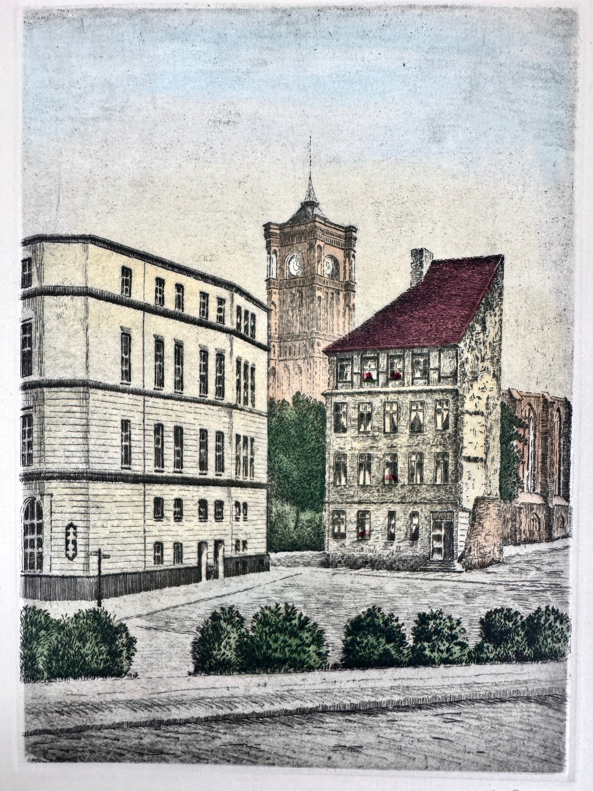 Radierung, Wolfgang Pohl. Berlin Rotes Rathaus, Franziskaner Klosterkirche und Neubau