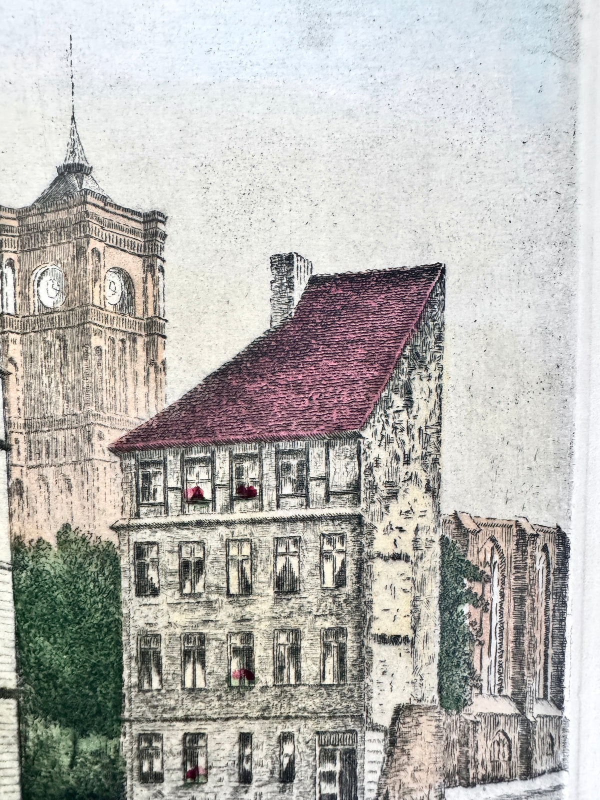 Radierung, Wolfgang Pohl. Berlin Rotes Rathaus, Franziskaner Klosterkirche und Neubau