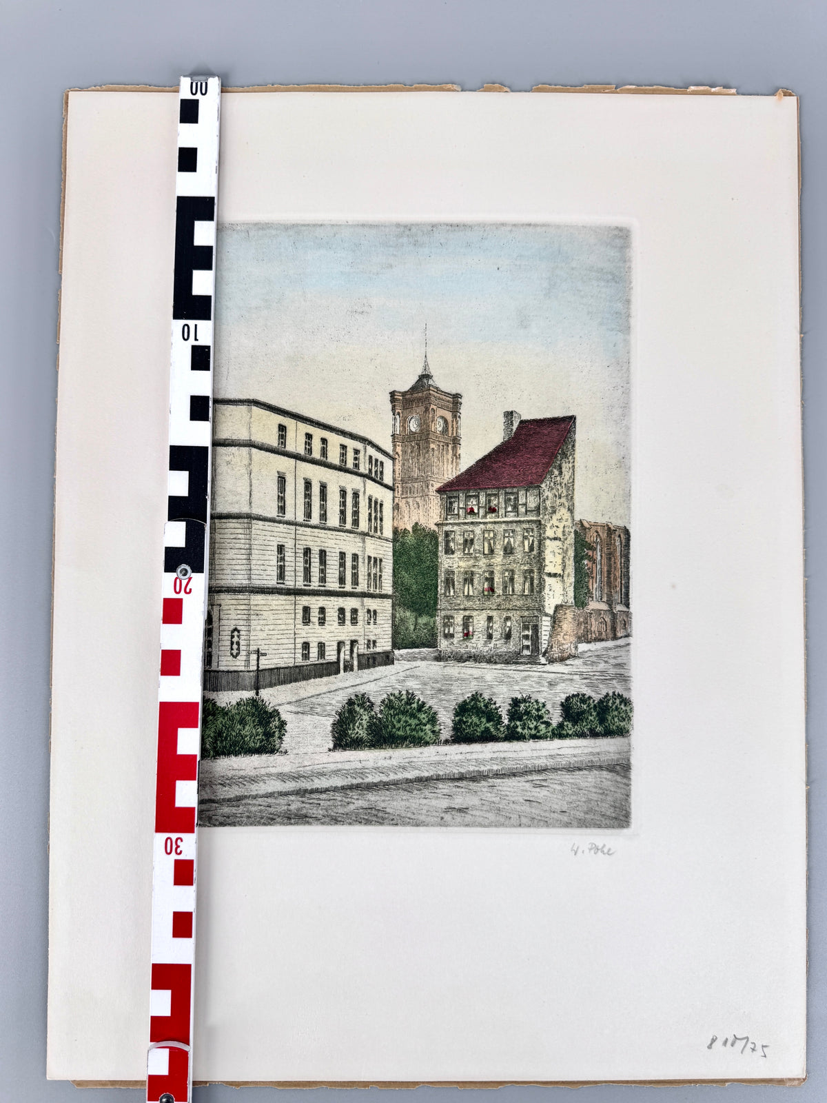 Radierung, Wolfgang Pohl. Berlin Rotes Rathaus, Franziskaner Klosterkirche und Neubau