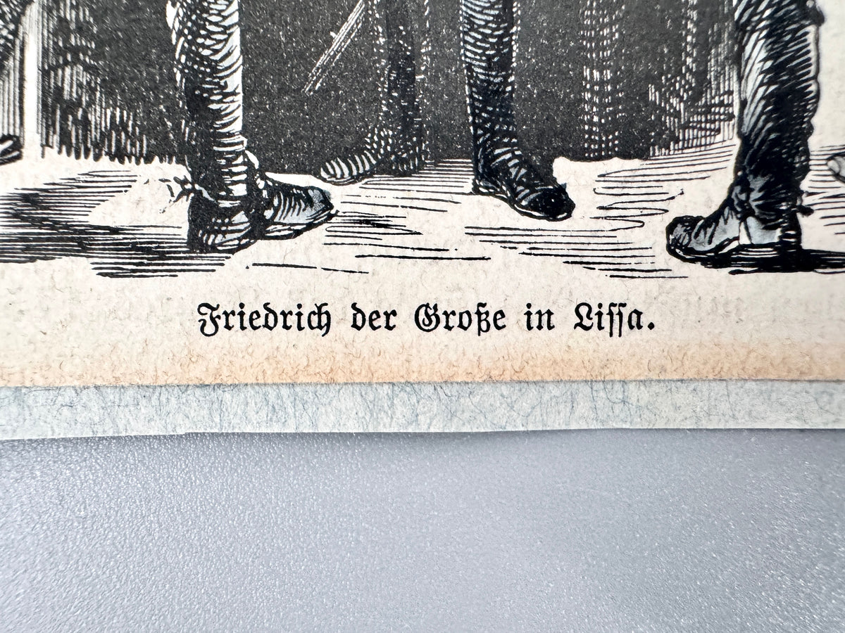 2x Holzstiche, Friedrich der Grosse. In Lissa, beim Heer