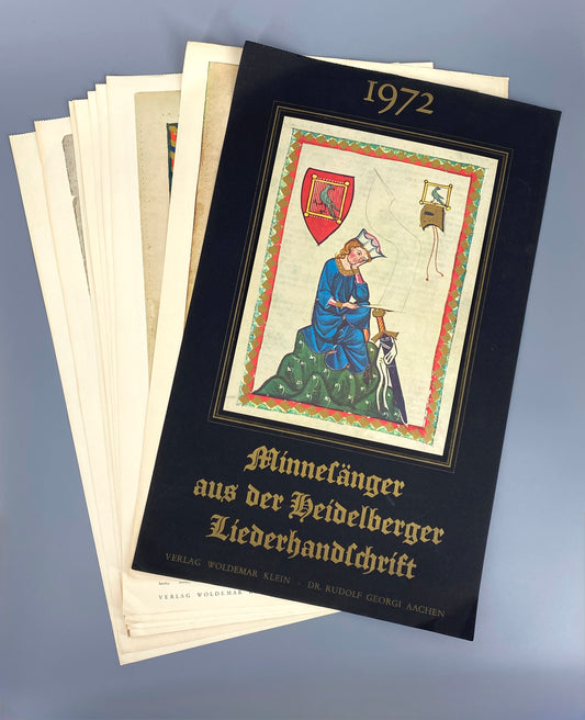 Kunstdrucke „Minnesänger aus der Heidelberger Liederhandschrift“ mit metallisch glänzendem Golddruck, hochwertige Offsetdrucke, 1971, 11 Stk.