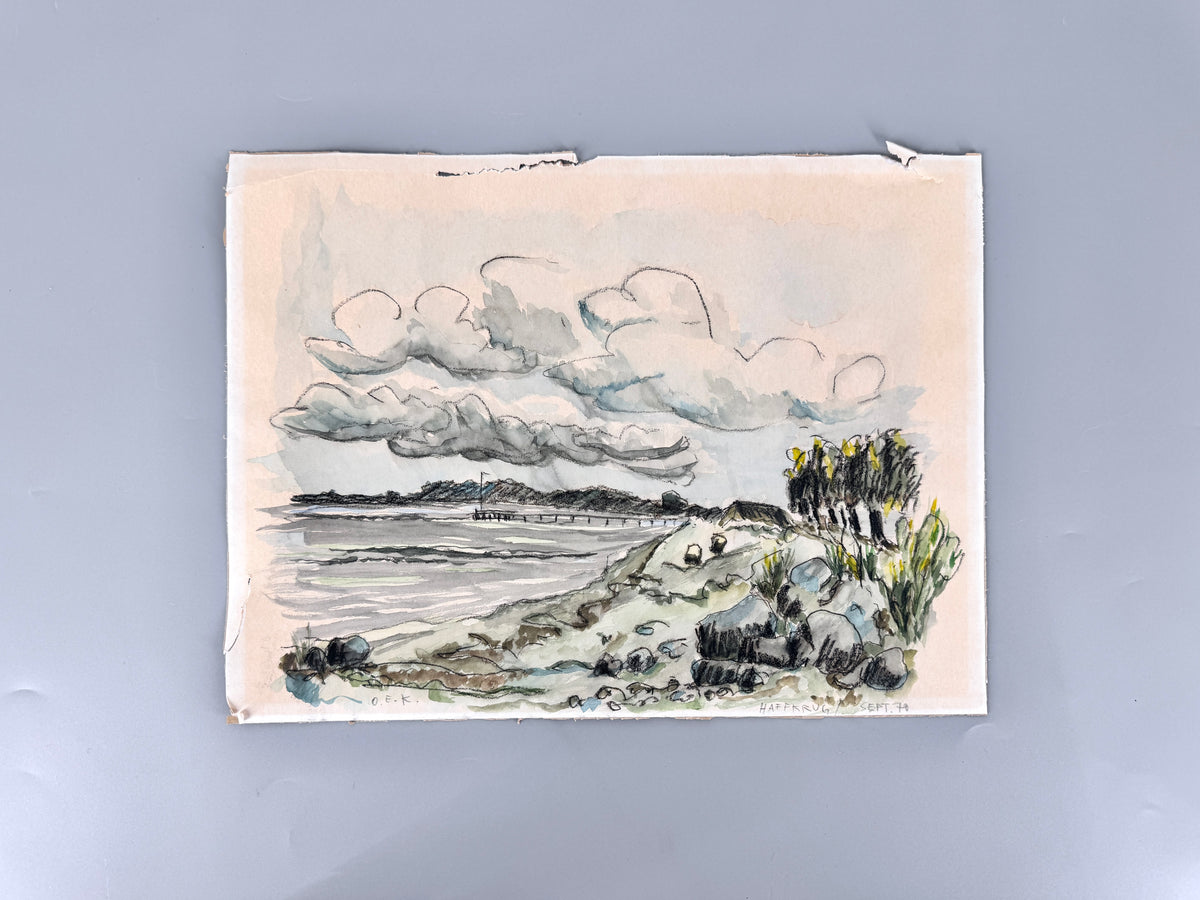 Die Küste Haffkrugs. Aquarell und Wachsmalstift, Datiert 70
