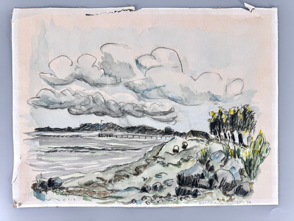 Die Küste Haffkrugs. Aquarell und Wachsmalstift, Datiert 70