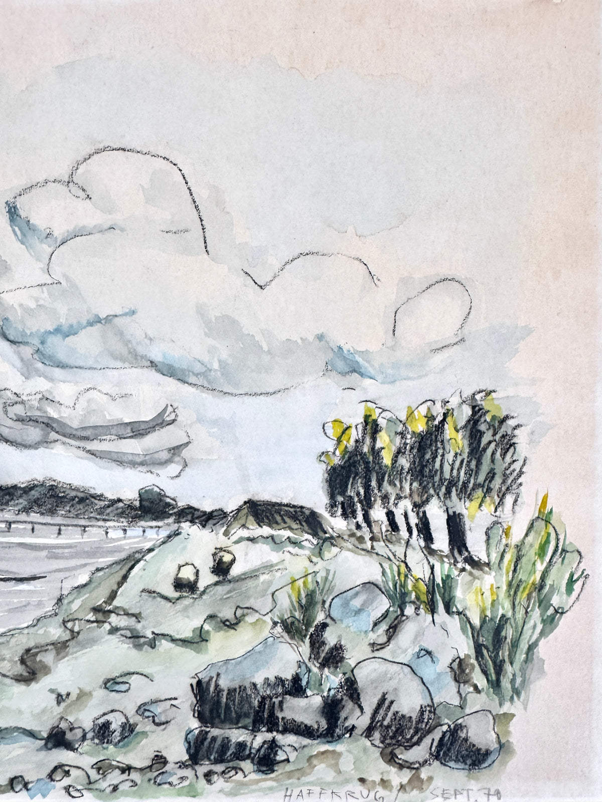 Die Küste Haffkrugs. Aquarell und Wachsmalstift, Datiert 70