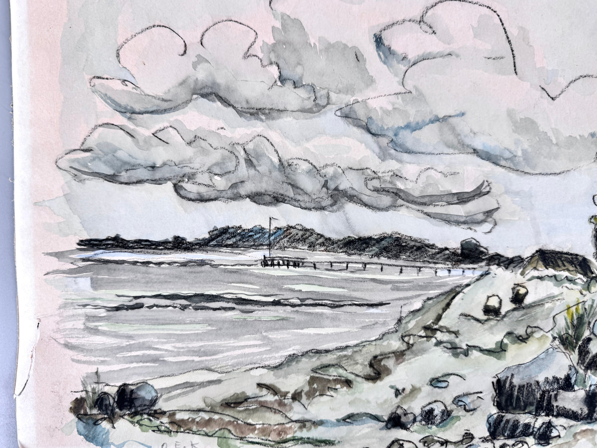 Die Küste Haffkrugs. Aquarell und Wachsmalstift, Datiert 70