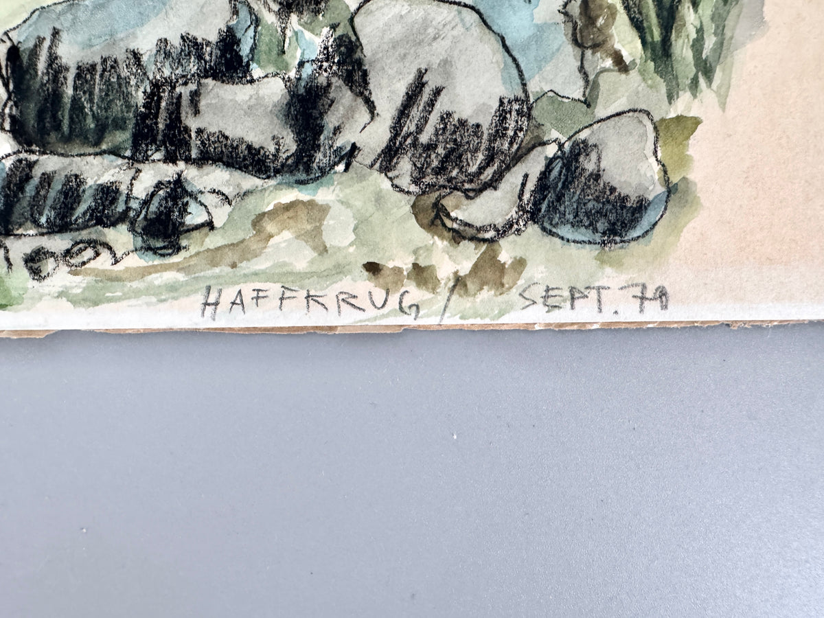 Die Küste Haffkrugs. Aquarell und Wachsmalstift, Datiert 70