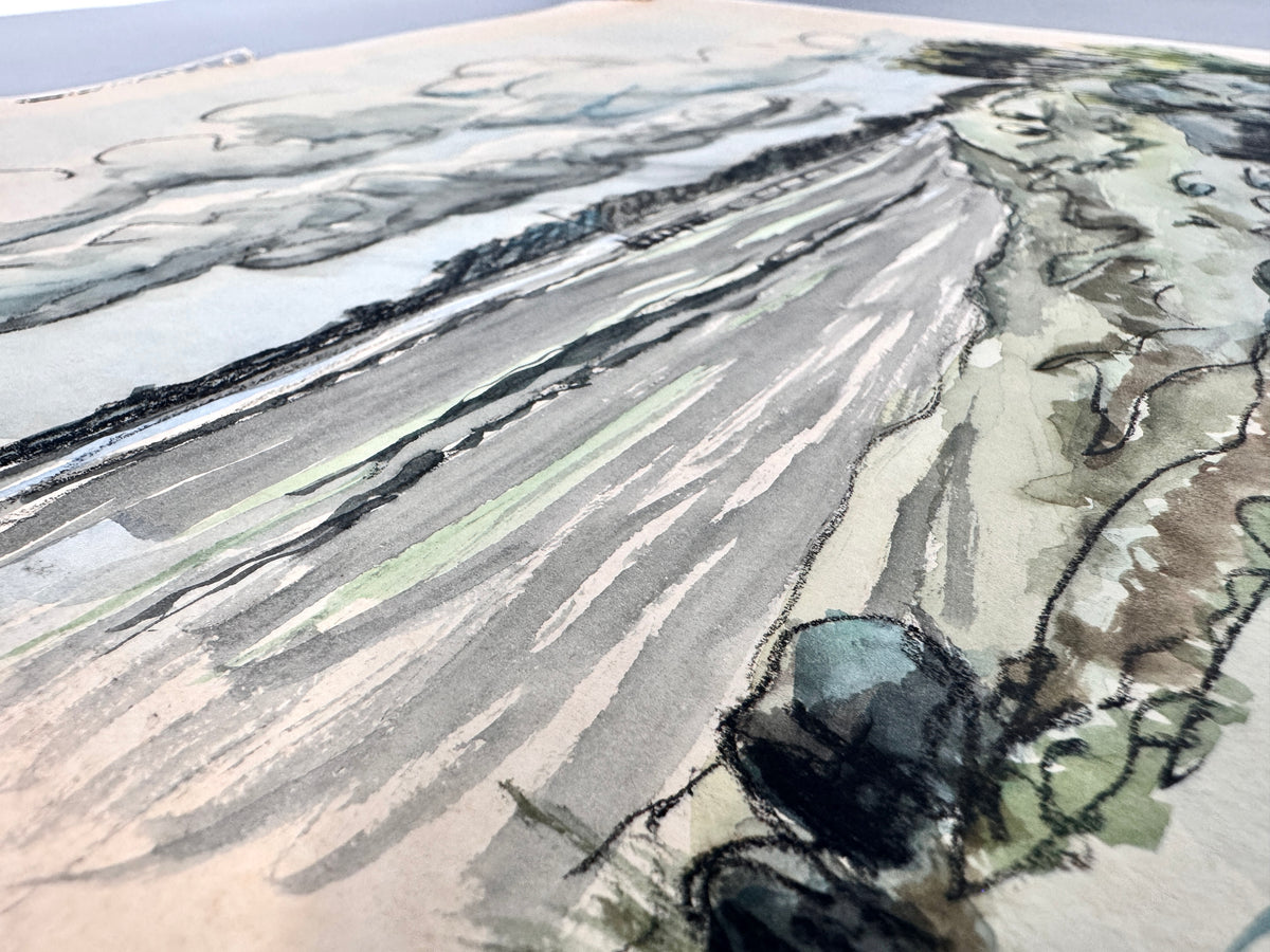 Die Küste Haffkrugs. Aquarell und Wachsmalstift, Datiert 70