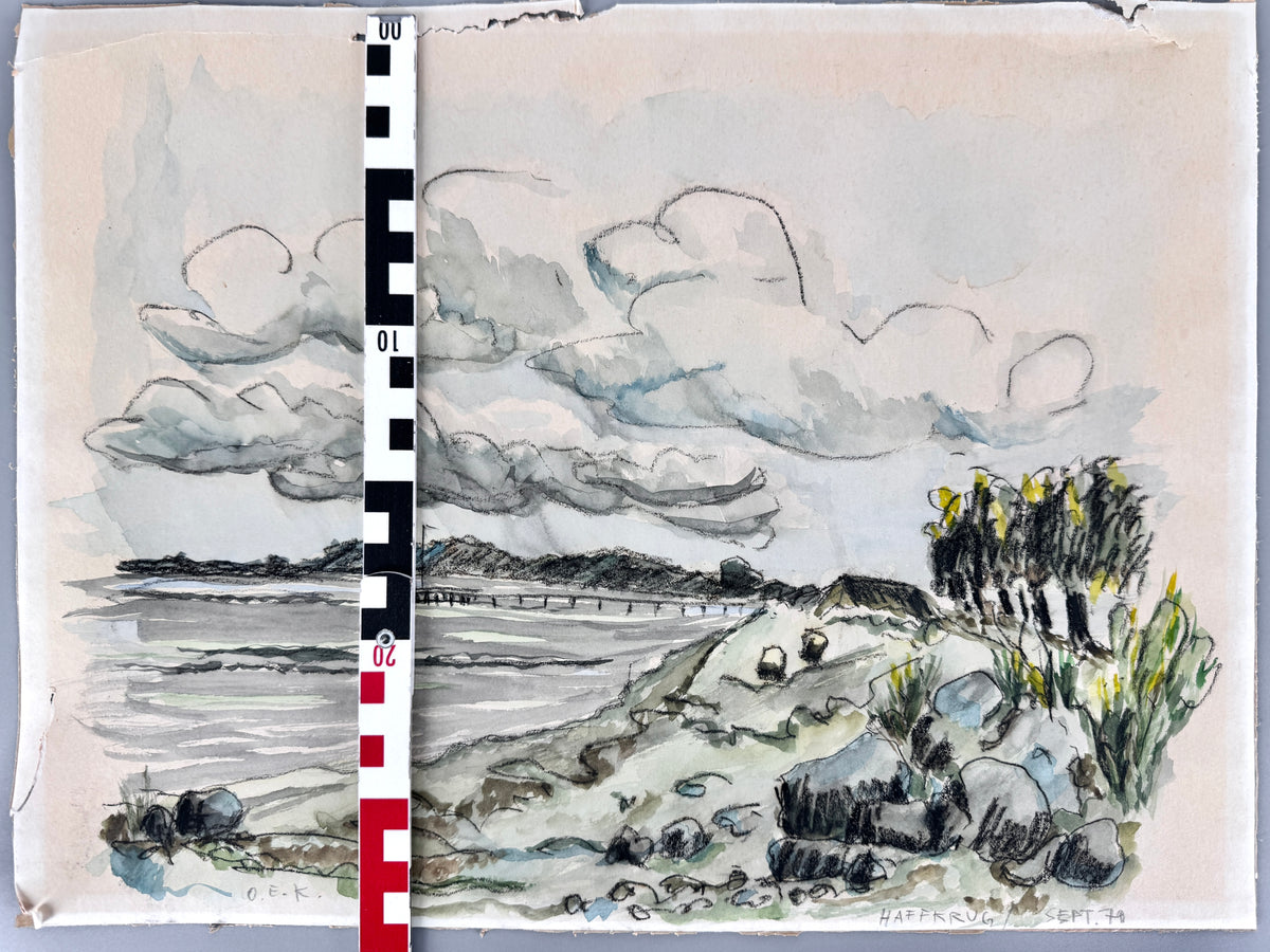 Die Küste Haffkrugs. Aquarell und Wachsmalstift, Datiert 70