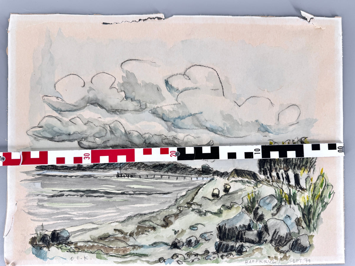 Die Küste Haffkrugs. Aquarell und Wachsmalstift, Datiert 70