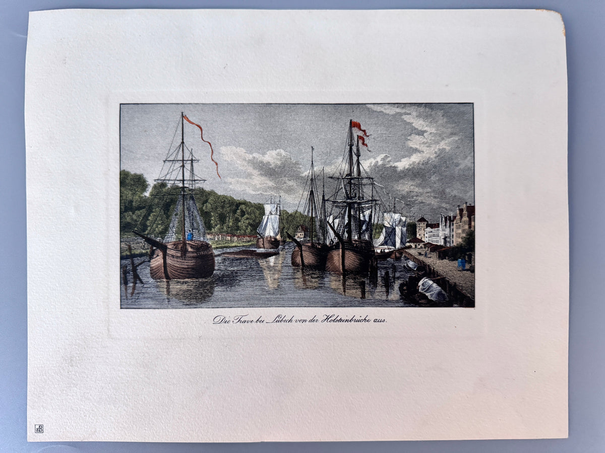 Die Trabe bei Lübeck, Holsteinbrücke. Kunstdruck nach Radl