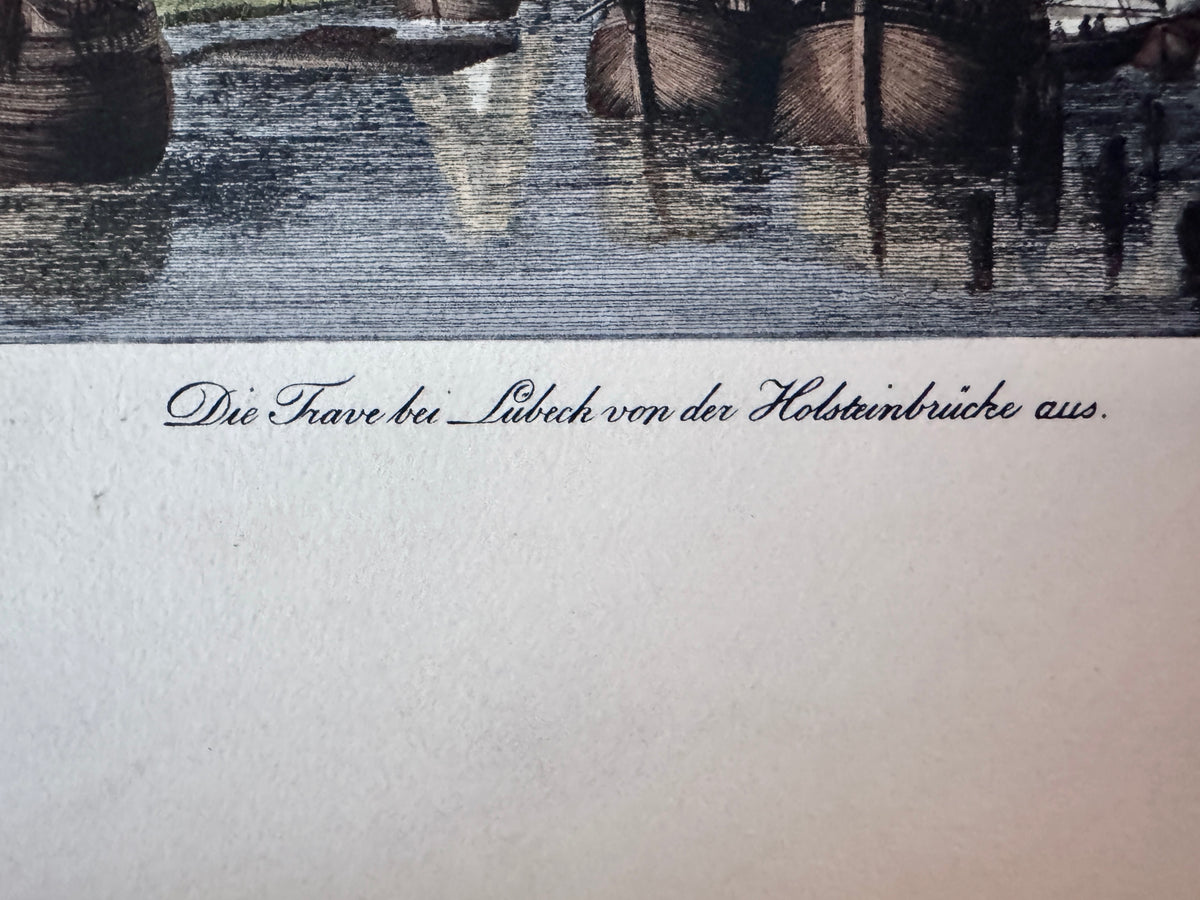 Die Trabe bei Lübeck, Holsteinbrücke. Kunstdruck nach Radl