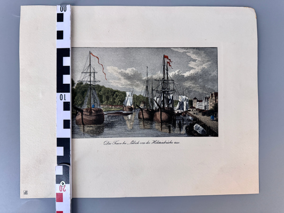 Die Trabe bei Lübeck, Holsteinbrücke. Kunstdruck nach Radl