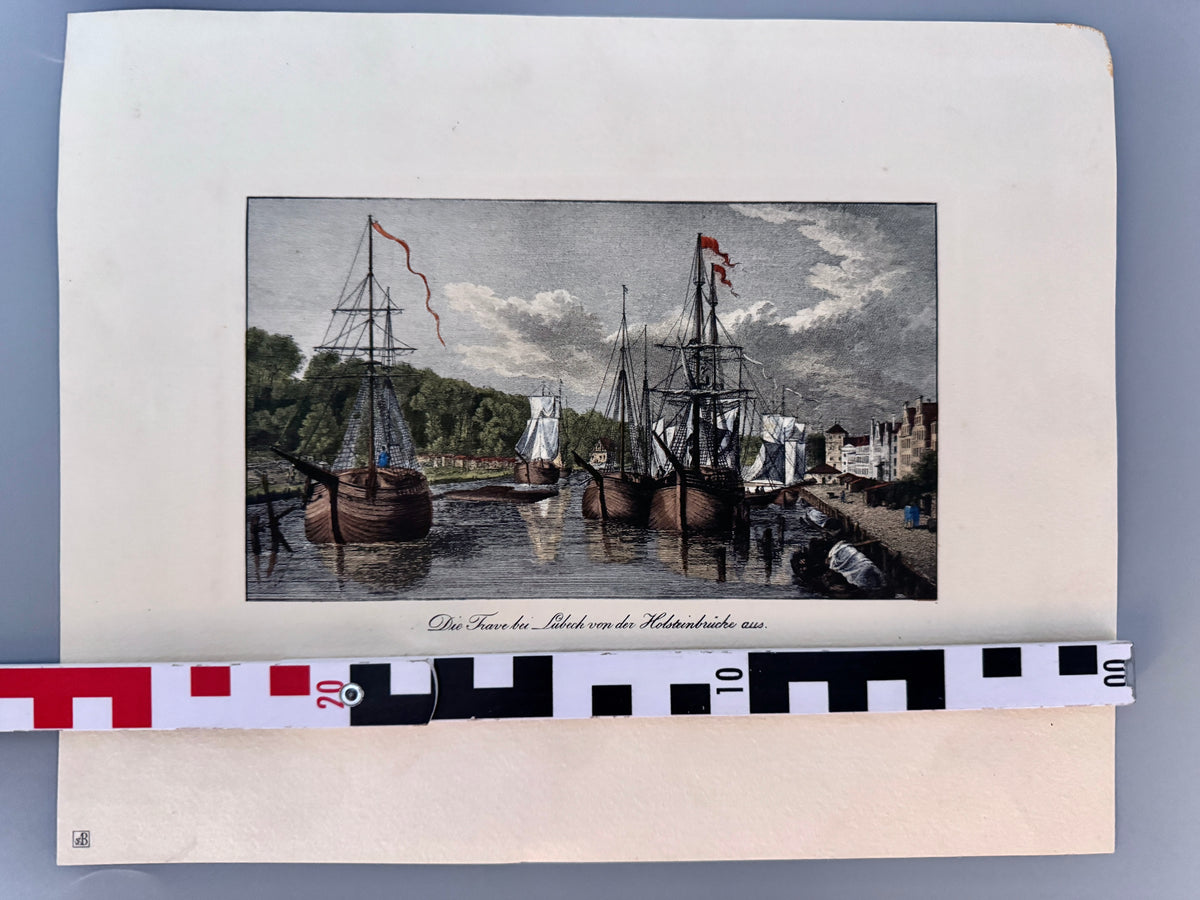 Die Trabe bei Lübeck, Holsteinbrücke. Kunstdruck nach Radl