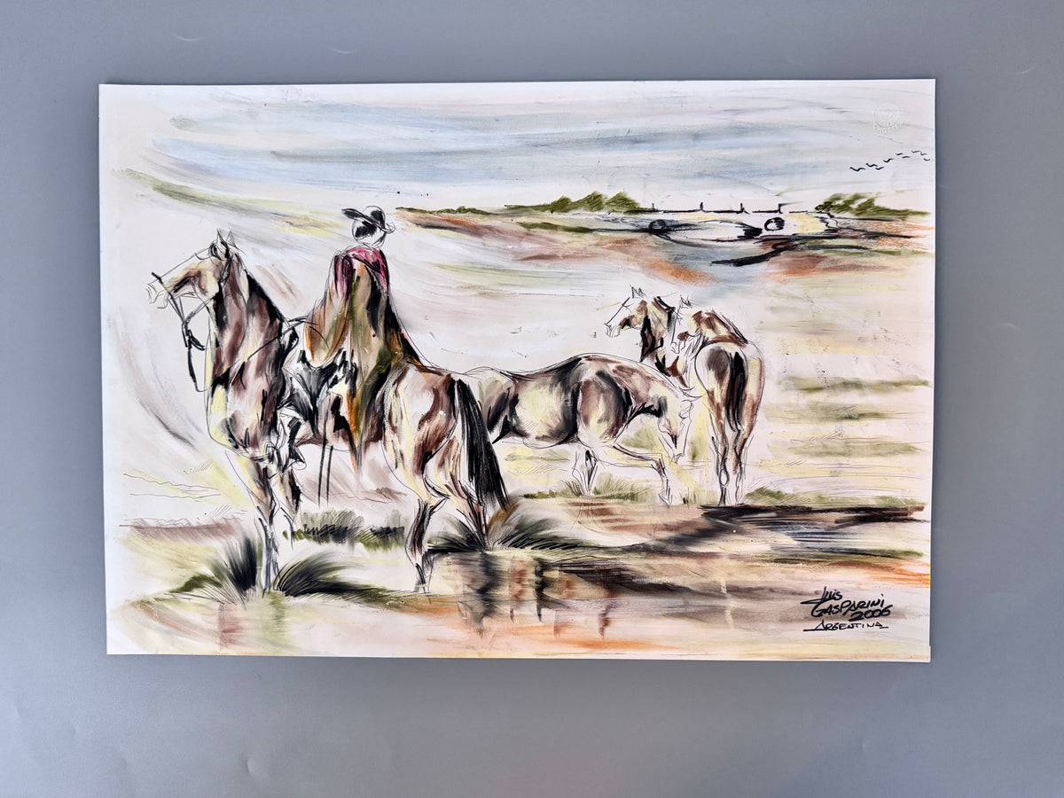 Luis Gasparini - Argentinia. Ölpastell, Gauchos und Pferde