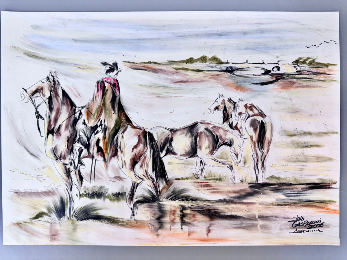 Luis Gasparini - Argentinia. Ölpastell, Gauchos und Pferde