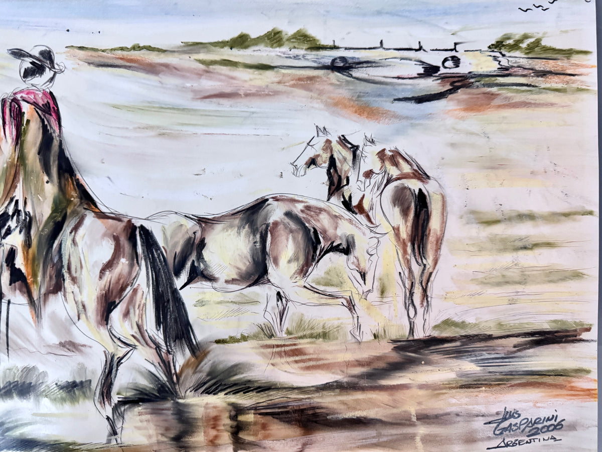 Luis Gasparini - Argentinia. Ölpastell, Gauchos und Pferde