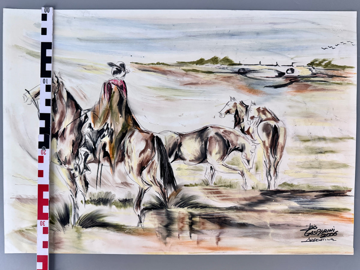 Luis Gasparini - Argentinia. Ölpastell, Gauchos und Pferde