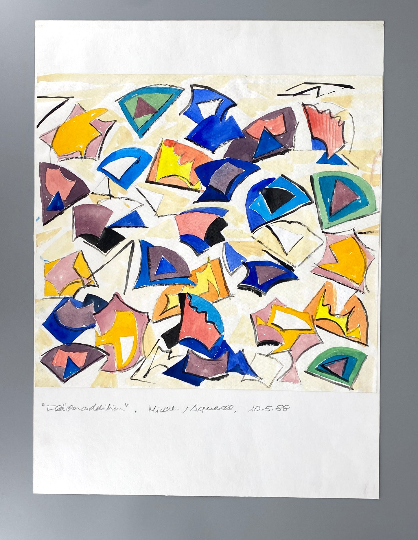 Postmodernes Aquarellgemälde "Flächenaddition" von Helmut Dittmann (1931–2000), 1988