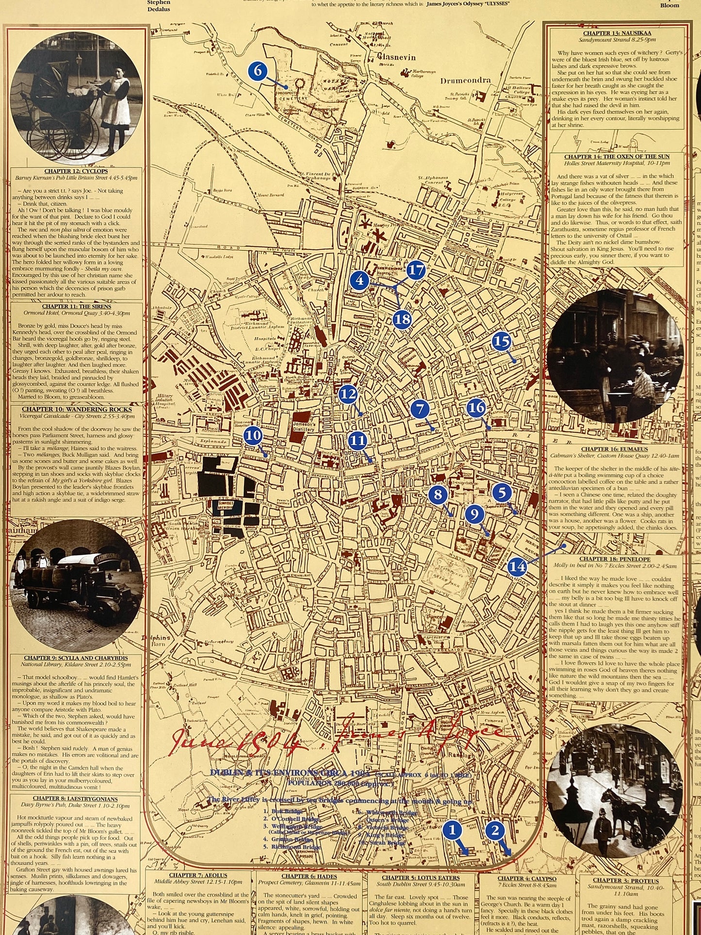 Literaturgeschichtliches Plakat / Poster "The Wanderings of Leopold Bloom (Rundgang auf den Spuren von Leopold Bloom)" aus Irland, 1996
