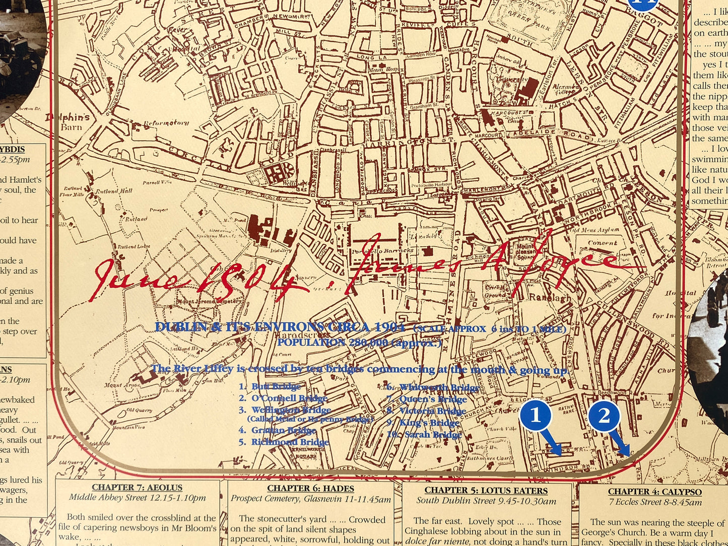Literaturgeschichtliches Plakat / Poster "The Wanderings of Leopold Bloom (Rundgang auf den Spuren von Leopold Bloom)" aus Irland, 1996