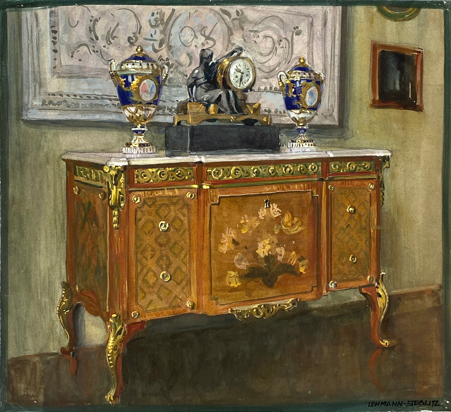 Detailreiches Gouache-Gemälde von Lehmann Steglitz, 1910er Jahre, Unikat