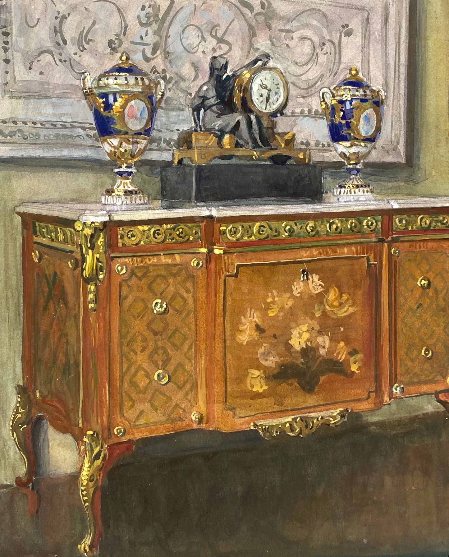 Detailreiches Gouache-Gemälde von Lehmann Steglitz, 1910er Jahre, Unikat