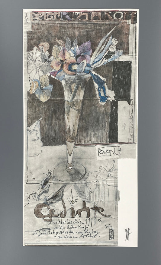 Signierter Farboffsetdruck von Horst Janssen zum Buch "Gedichte. Haltbar bis Ende 1999" von Peter Rühmkorf, 1979