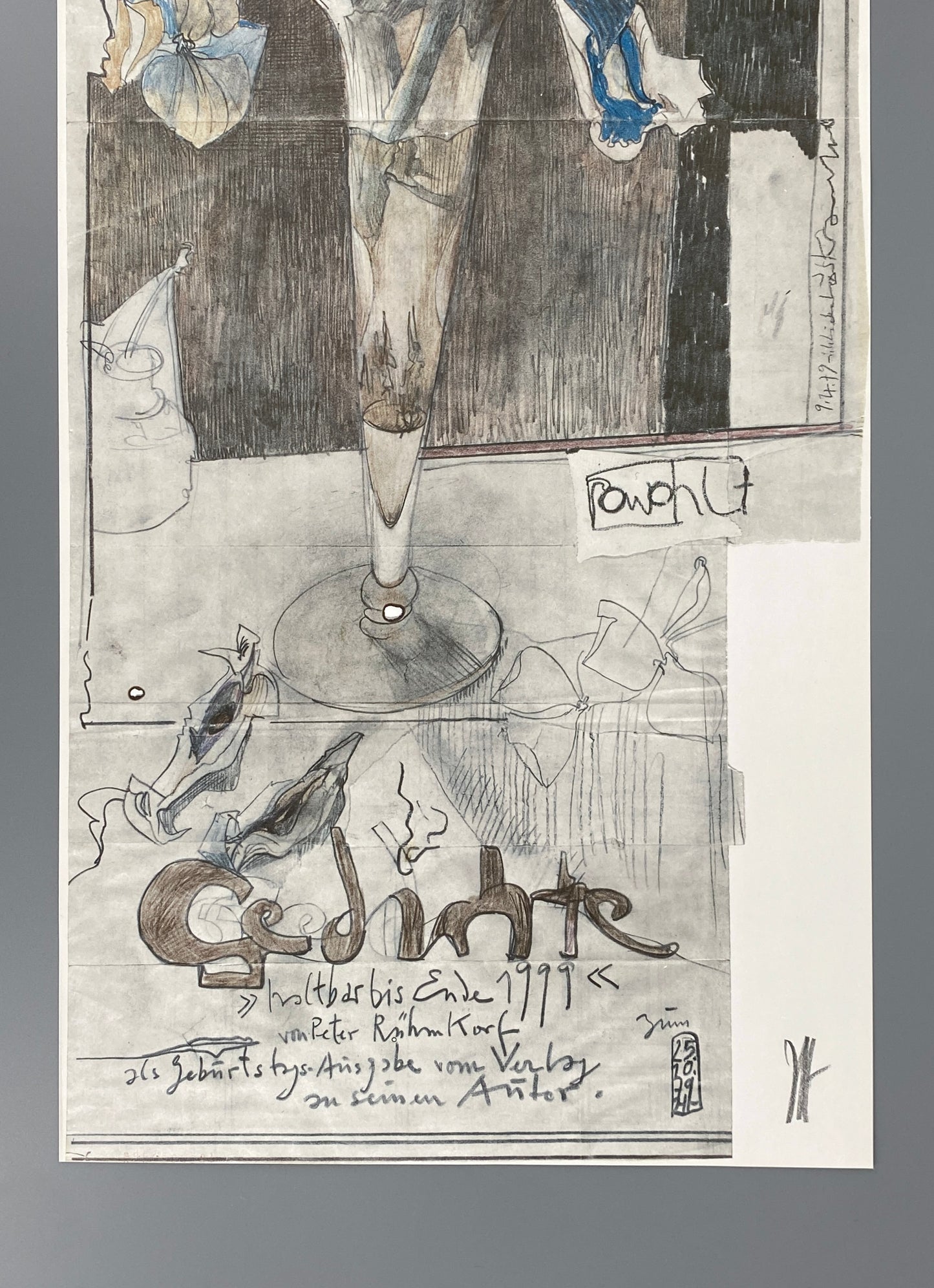 Signierter Farboffsetdruck von Horst Janssen zum Buch "Gedichte. Haltbar bis Ende 1999" von Peter Rühmkorf, 1979