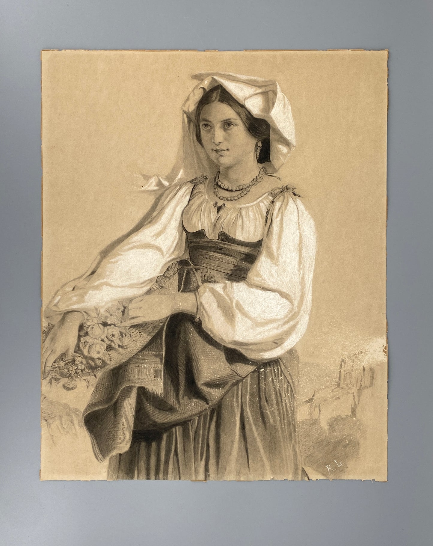 Antike Kreidezeichnung nach dem Gemälde von Félix-Joseph Barrias, monogrammiert