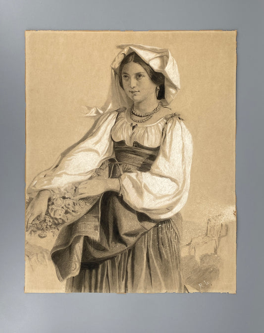 Antike Kreidezeichnung nach dem Gemälde von Félix-Joseph Barrias, monogrammiert