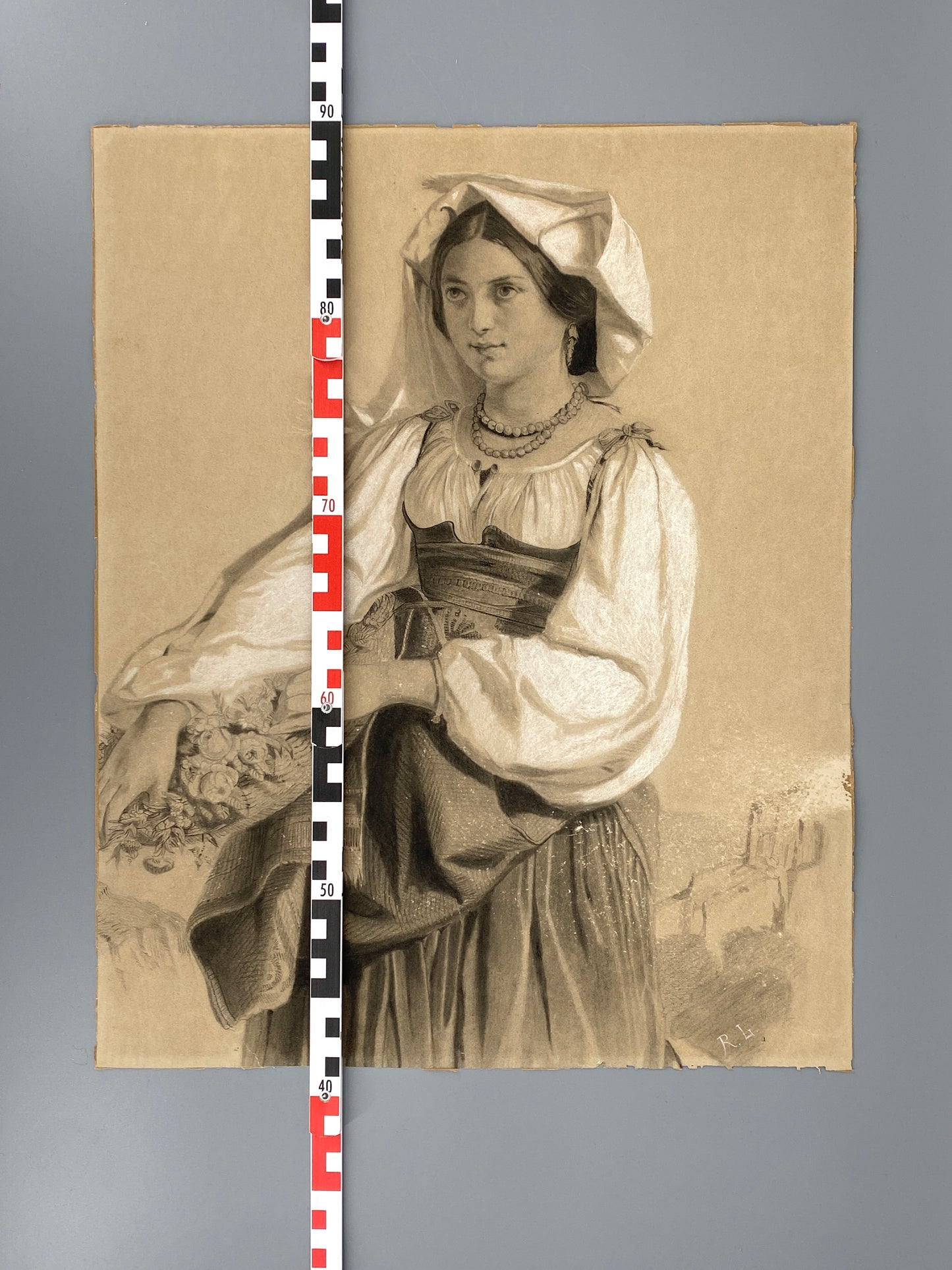 Antike Kreidezeichnung nach dem Gemälde von Félix-Joseph Barrias, monogrammiert