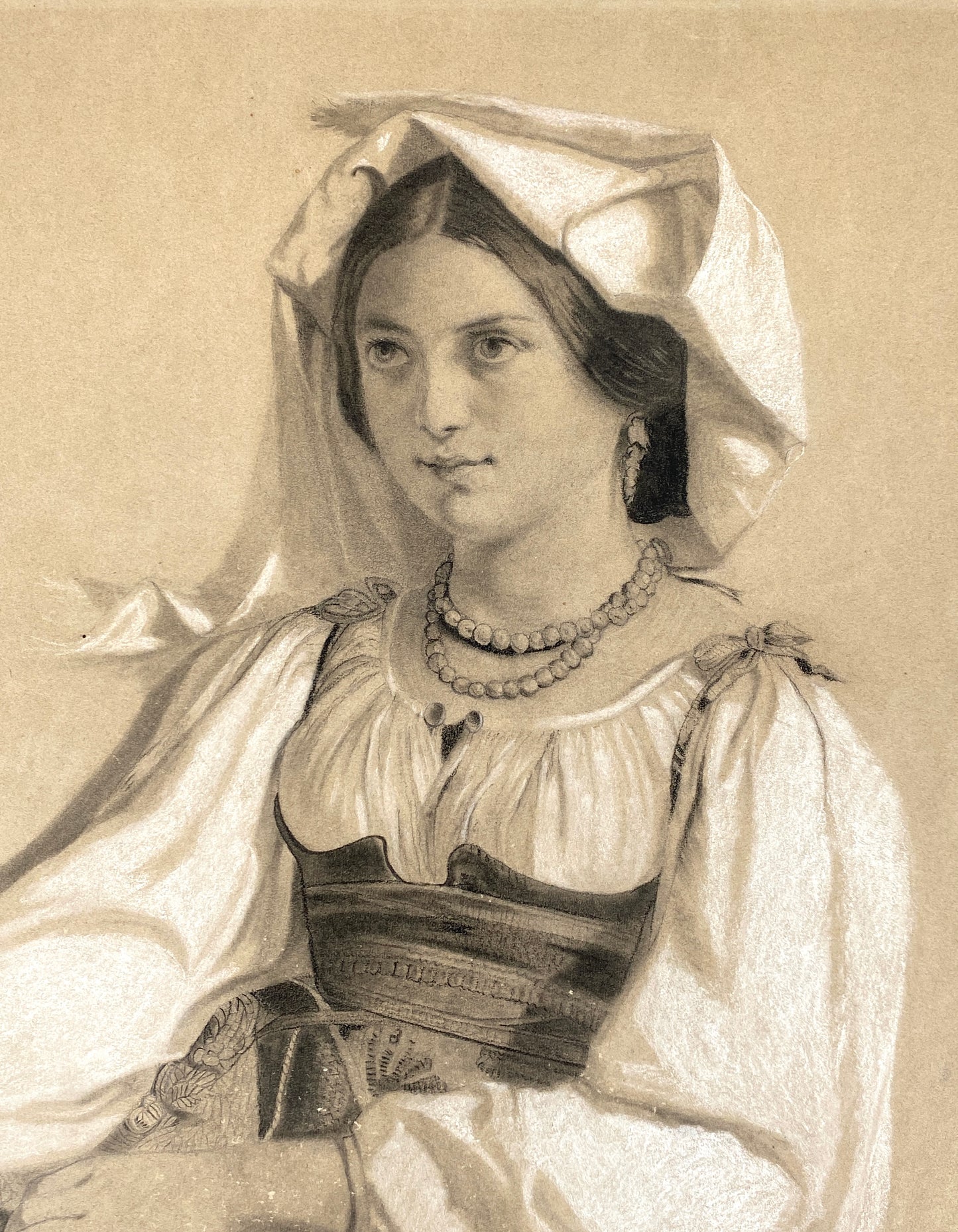 Antike Kreidezeichnung nach dem Gemälde von Félix-Joseph Barrias, monogrammiert