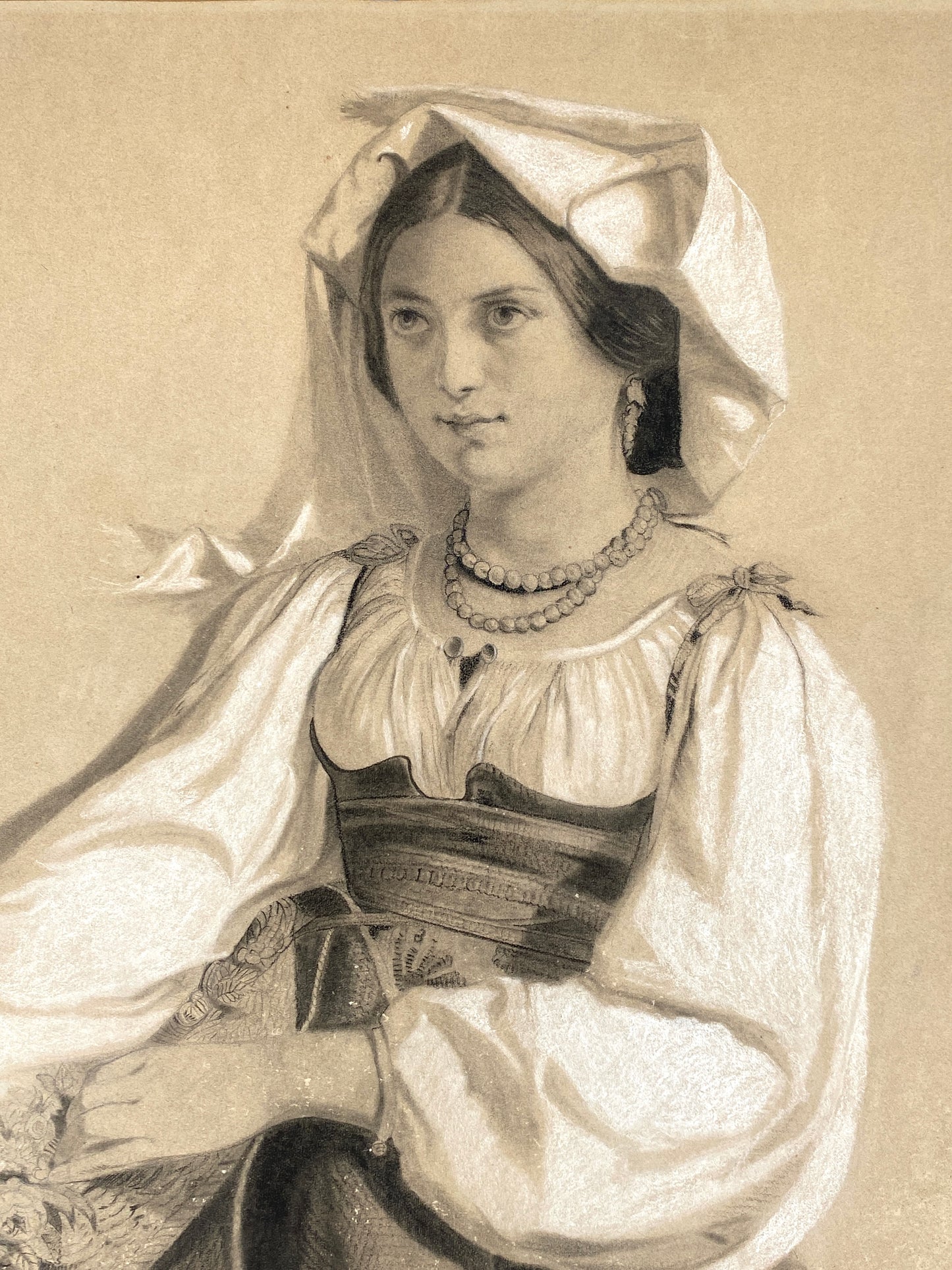 Antike Kreidezeichnung nach dem Gemälde von Félix-Joseph Barrias, monogrammiert